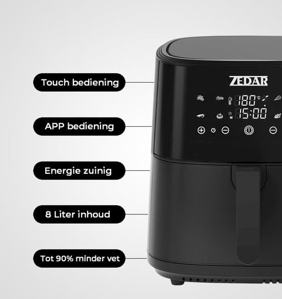 Zedar AF600 Airfryer XXL - Met APP - Groot 8 Liter - Heteluchtfriteuse - Zwart - Digital Touchscreen - 50 voorgeprogrammeerde gerechten - Afbeelding 6