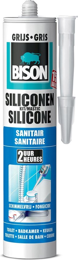 Bison Siliconenkit grijs koker 300 ml - waterbestendige kit, sanitaire afdichting, ongevoelig voor schimmel, kleurvast, blijvend elastisch, makkelijk verwerkbaar