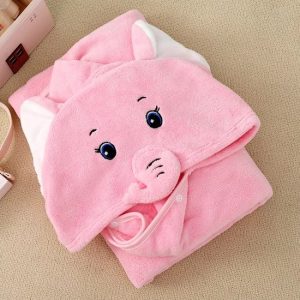 AdomniaGoods - baby badjas - badponcho - baby badcape - baby handdoek met capuchon - olifant - roze