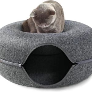 A.K.A. Kattentunnel en kattenmand in-1 – Kattenspeelgoed speeltunnel kattenhuis – kattenhol rond kattenspeeltjes - cat cave donut - antraciet vilt