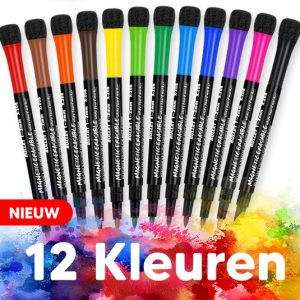 Bablue Whiteboard Stiften - Whiteboard Marker - 12 Stuks - Verschillende Kleuren - Magnetische Markers Set - Stift Magnetisch en gekleurd - Stiften...