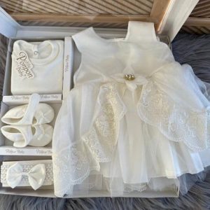 Baby jurk -luxe feestjurk-doopjurk - doopkleding -organza jurk-Frans borduurwerk-schoentjes- pasgeboren-new born-baby geschenkset- vintage jurk met...