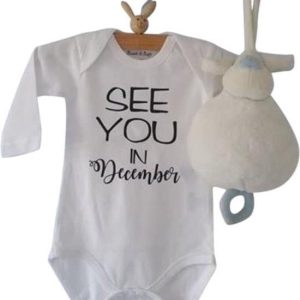 Baby tekst Rompertje aankondiging zwangerschap Zwangerschapsaankondiging maand See you in December | Lange mouw | wit | maat 50/56 Cadeau voor de...