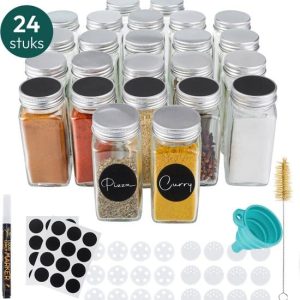 Gadgy 24 Glazen Kruidenpotjes Set met Deksel en Strooideksel - Kruidenstrooier - incl. Labels Krijtstift Trechter en Borstel