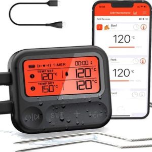 Hermanos® Draadloze BBQ Thermometer Bluetooth met App - Vleesthermometer - Oventhermometer - Kernthermometer - Oplaadbaar - 2 Sondes - Incl. USB...
