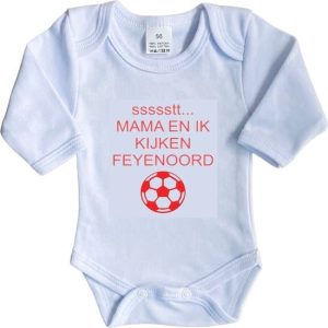 La Petite Couronne Romper Lange Mouw "ssssstt Mama en ik kijken Feyenoord" Unisex Katoen Wit/rood Maat 62