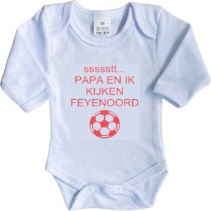 La Petite Couronne Romper Lange Mouw "ssssstt Papa en ik kijken Feyenoord" Unisex Katoen Wit/rood Maat 62