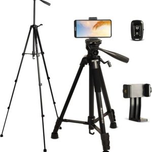 Manaslu Tripod Statief voor Camera (systeem / spiegelreflex) of Telefoon - met Smartphone Houder en Bluetooth afstandsbediening - Zwart