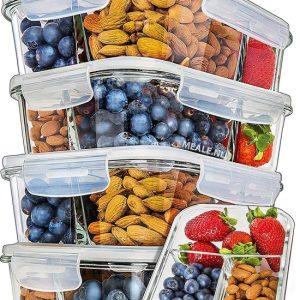 MEALE® - Glazen Meal Prep Bakjes 4 Stuks - Deksel inclusief Bestek - Maaltijdbakjes 3 Vakken - Vershoud Lunchbox - Food prep containers - Mealprep...