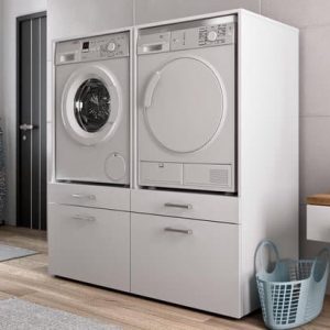 Mobistoxx Set van 2 WASMACHINEKASTEN Washing, Kast voor wasmachine of droogkast met lade voor wasmand, wit, universeel