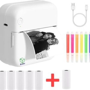 Rirri Mini Printer voor Mobiel - Incl. 6 Rollen Papier en Kleurpennen - Mobiele Pocket Printer - Sticker Printer - Zonder Inkt - Draadloze Printer...