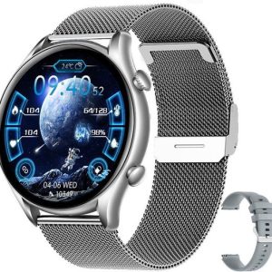 Smartwatch Heren & Dames - Zilver - iOS en Android - Smartwatches HD Touchscreen - Met Extra Band - Techrie