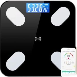 Studio Jacquí weegschaal - Personenweegschaal - Lichaamsanalyse - Vetmeting - BMI - Met applicatie - Bluetooth - Fitbit - Zwart - 26 x 26 cm