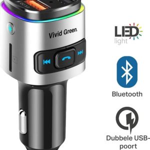 Vivid Green Bluetooth auto FM transmitter - MP3 - USB - Autolader - Carkit- Oplader - Zwart/Chrome